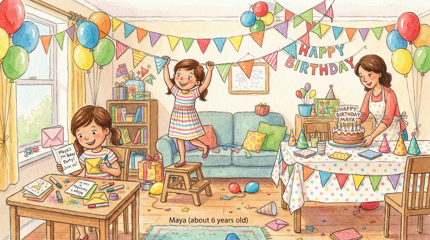 Une fillette assise à une table écrit des cartes d'invitation colorées entourée de crayons et d'enveloppes, pendant qu'une autre fillette accroche des guirlandes de fanions et que leur maman prépare un gâteau d'anniversaire décoré dans un salon rempli de ballons